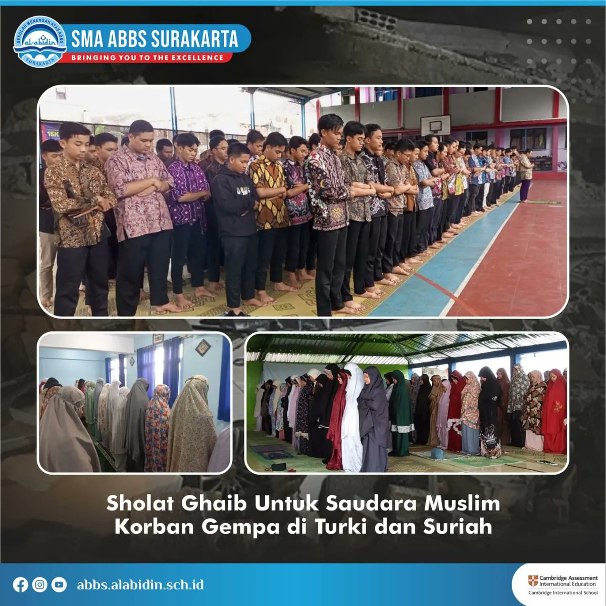 SMAABBS's tweet photo. Innalillahi wa inna ilaihi roji'un
Turut berduka cita untuk korban musibah gempa bumi di Turki maupun Suriah serta negara-negara terdampak lainnya,semoga keluarga korban musibah gempa mendapatkan kesabaran dan ketabahan,Aamiin
#sholatghoib
#yayasanalabidin
#prayforturkeyandsyria https://t.co/aeQZWvsxsS