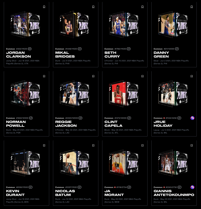 I made a decent dent in my effort to complete the S2 Playoffs set this morning. Grabbed #Giannis, Holiday and #JaMorant rewards, a #KD, then a bunch of $2 moments. Still about 45 away from completion. 

<a href="/NBATopShot/">NBA Top Shot</a> <a href="/collctn_connctn/">Collectin & Connectin</a> <a href="/NineLivesLounge/">NineLivesLounge</a>