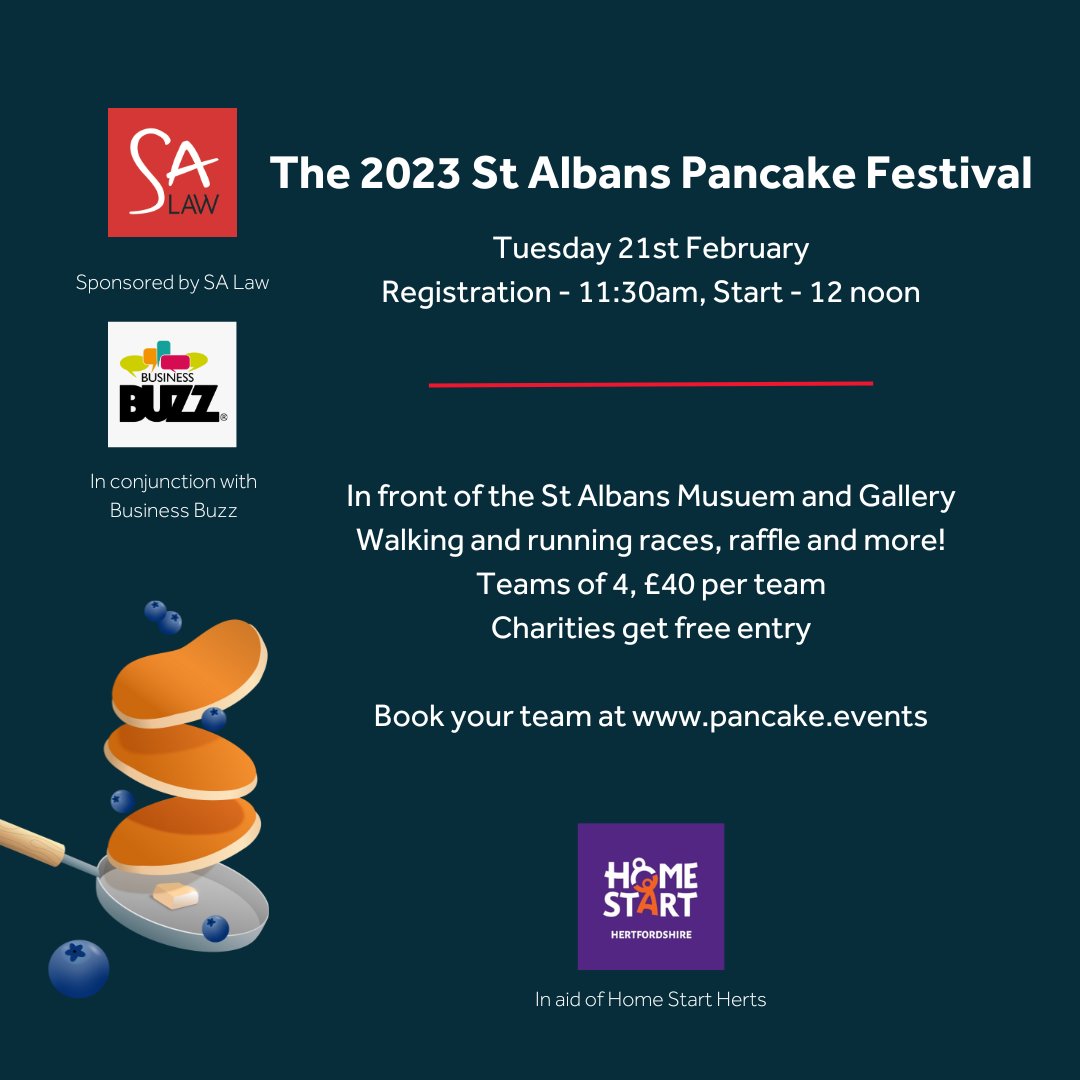 There is still time to sign up for the St Albans Pancake Festival races in aid of <a href="/HomeStartHerts/">Home-Start Herts</a>!

Register your team by Monday 13th February and flip your way to the finish line 🥞 pancake.events/booking-page/

#SApancakefest #fundraising