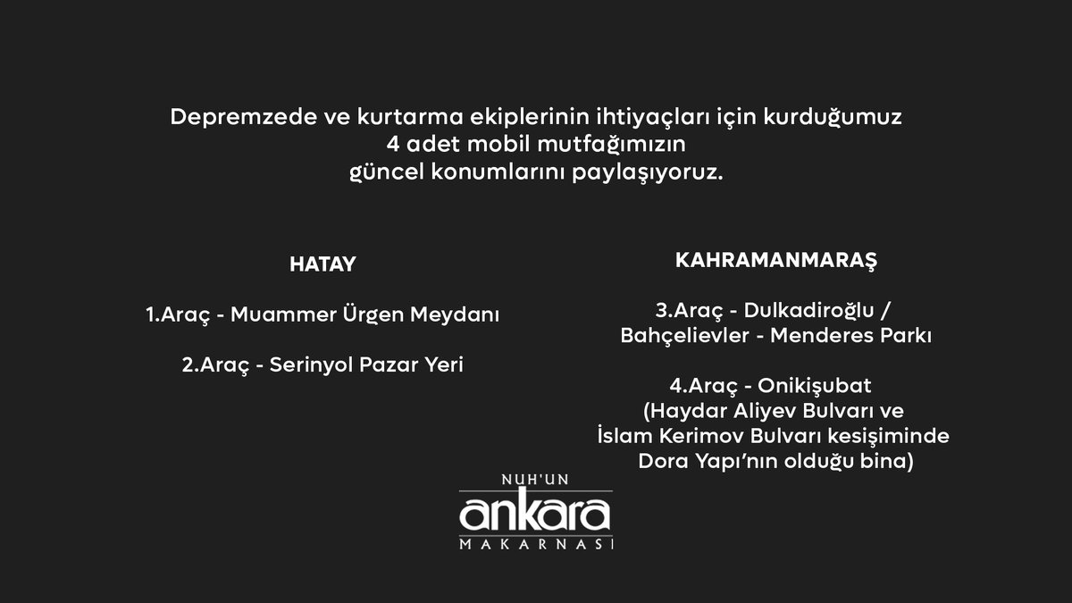 Depremzede ve kurtarma ekiplerinin ihtiyaçları için kurduğumuz 4 adet mobil mutfağımızın güncel lokasyonlarını paylaşıyoruz.

Hatay
1.Araç - Muammer Ürgen Meydanı
2.Araç - Serinyol Pazar Yeri
