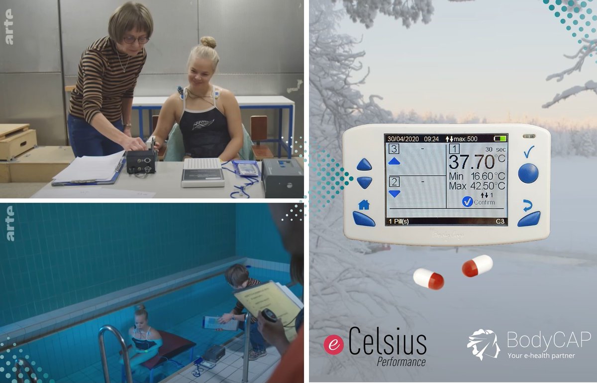 BodyCap's tweet photo. [THEY TALK ABOUT US 📺]

The limit of @elinamaek's body resistance to cold in laboratory conditions was monitored in collaboration with @FIOH &amp; the @portsmouthuni. #ecelsiusperformance 💊 system is part of it!

👉 @ARTEfr TV report: https://t.co/1q7yPDWDRT

#corebodytemperature https://t.co/XZVbWwF9gl