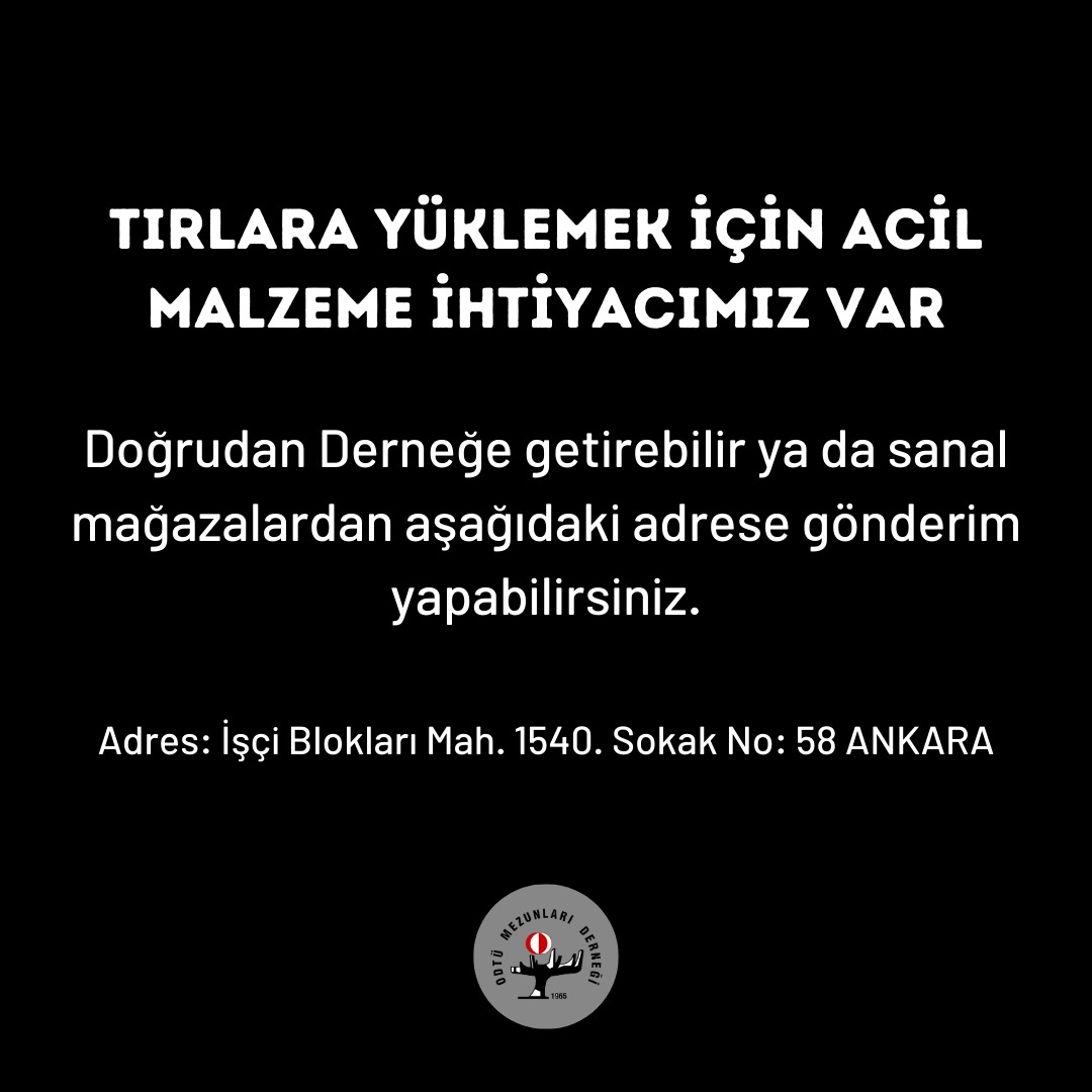 Kuru ve hazır gıda, tuvalet kağıdı, hiyjenik pad, katı-sıvı sabun, kağıt havlu, peçete ihtiyacı var... Tabi uyku tulumu, çadır, battaniye...
<a href="/odtu_md/">ODTÜ MD</a> <a href="/ankarageddo/">Ankara</a> <a href="/ankaraamizah/">Ankara</a> <a href="/ankaraetkinlikz/">Ankara’yı Keşfet</a> #erzakyardımı #Ankara #ODTÜ #DEPREMYARDIM