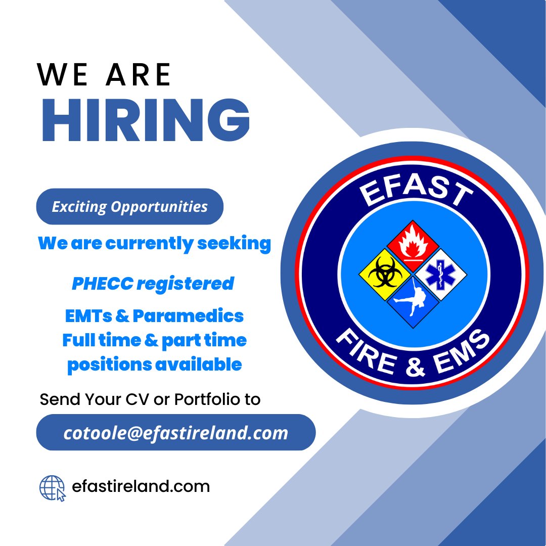 EFAST Ireland (@ireland_efast) on Twitter photo 🚨🎉EXCITING ANNOUNCEMENT🚨🎉
EFAST is hiring! Full time & part time positions available for PHECC registered EMT's & Paramedics. Send your CV to Caroline at cotoole@efastireland.com 🚨🎉EXCITING ANNOUNCEMENT🚨🎉
EFAST is hiring! Full time & part time positions available for PHECC registered EMT's & Paramedics. Send your CV to Caroline at cotoole@efastireland.com
