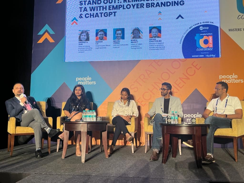 PeopleMatters2's tweet photo. In one of our stand out panel discussions around generative AI, ‘Reimagining TA With Employer Branding &amp; ChatGPT’, @raman_s_r spoke about 4 culture pillars - purpose, purchaser, product and people. 

#PMTAC #OpenAI #Bard #GreatWorkplaces #ChatGPT https://t.co/PFVrXJgbyy