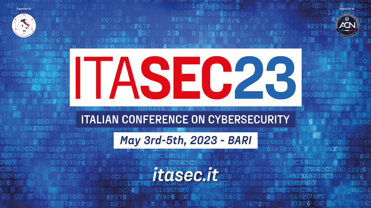 ITASEC (@itasec_conf) on Twitter photo 📢 If you want to present at the ITASEC 2023 Italian Conference on CyberSecurity by <a href="/CyberSecNatLab/">Cybersecurity National Lab</a> in Bari from May 3rd to May 5th, 2023 you can still send your proposals.
⏰ Deadline Fri, 24 Feb 2023.
👉 itasec.it/itasec22/calls/
#⃣ #ITASEC23 #CallForPaper #cybersecurity 📢 If you want to present at the ITASEC 2023 Italian Conference on CyberSecurity by <a href="/CyberSecNatLab/">Cybersecurity National Lab</a> in Bari from May 3rd to May 5th, 2023 you can still send your proposals.
⏰ Deadline Fri, 24 Feb 2023.
👉 itasec.it/itasec22/calls/
#⃣ #ITASEC23 #CallForPaper #cybersecurity