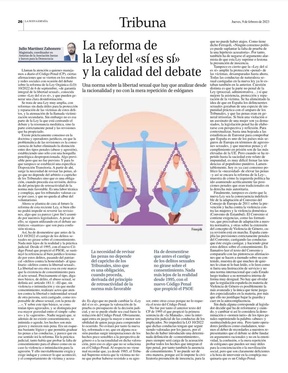 JpDemocracia's tweet photo. 📰Julio Martínez Zahonero, coordinador de #JJpD en Asturias, reflexiona en @lanuevaespana sobre la Ley #SoloSiEsSi 

➡️Argumentos racionales, no eslóganes repetitivos

https://t.co/gdJzcJQhf0 https://t.co/DDoDisA3v8