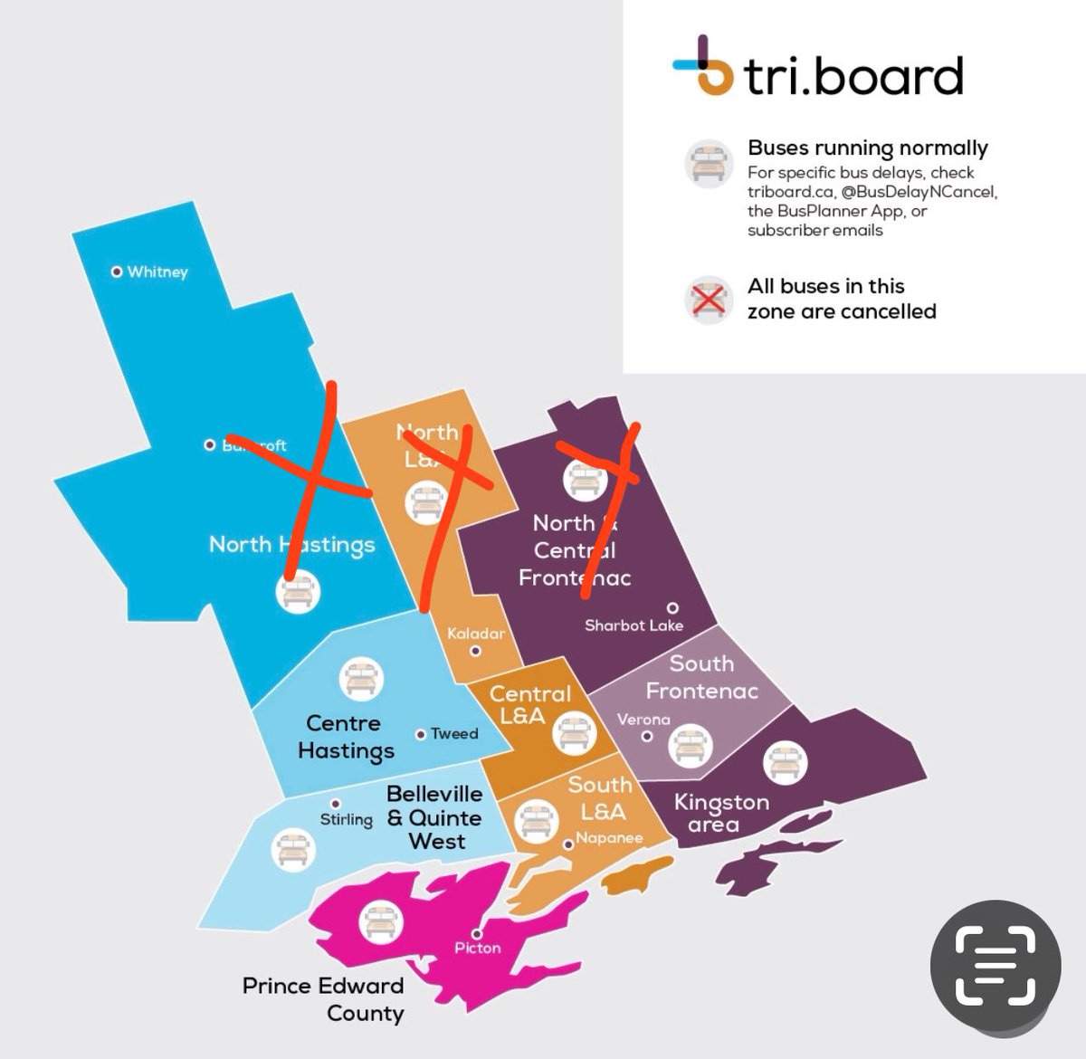 Feb 9: Buses are cancelled in North/Central Frontenac &amp; North L&amp;A due to current road conditions, fog &amp; freezing rain in forecast. Schools remain open. Any buses originating in the north for southern schools are cancelled as well. triboard.ca for all bus numbers.