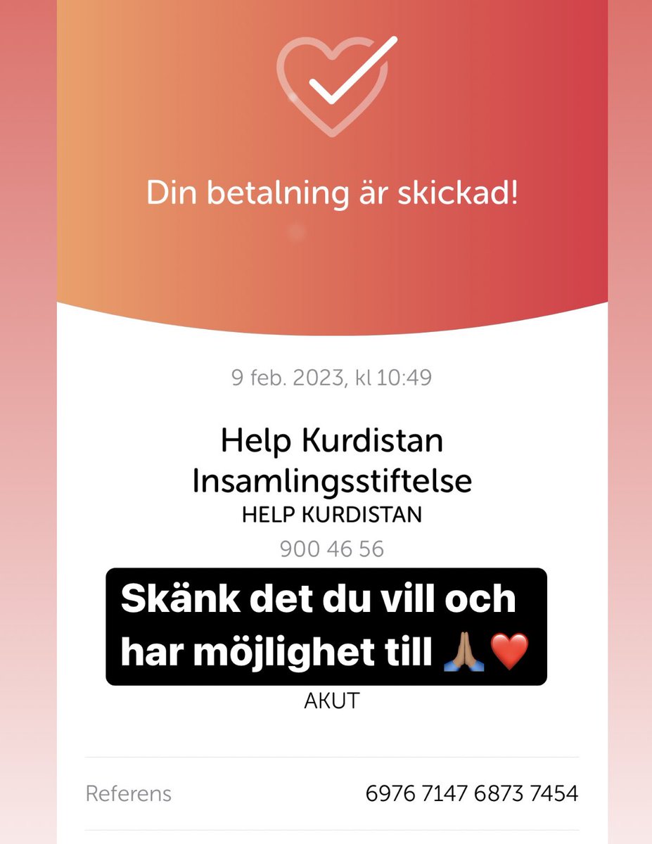 ozznujen's tweet photo. Swisha till 123 900 4656 och märk din gåva med ”AKUT” för jordbävningens offer i #Kurdistan #Turkiet och #Syrien 🙏🏽❤️ Gör det om du vill, kan och har möjlighet. #earthquake #erdhej #deprem #help #hewar #alîkarî #nödhjälp #emergency #solidaritet #piştgirî #dayanişma #yardim https://t.co/6VLyYCWHOK