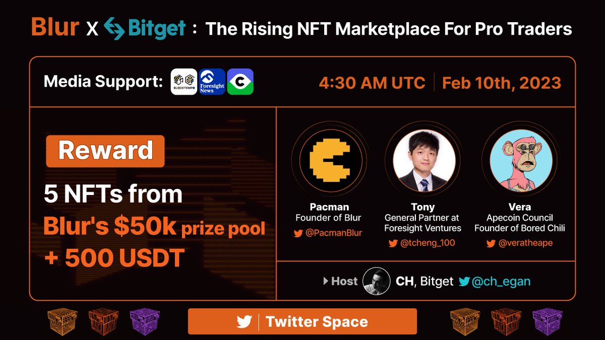 1/2 Tune in our upcoming Twitter Space on Feb 10th, 4:30 AM UTC with  @blur_io, the rising #NFT marketplace for pro traders. 🙌 Guests:  @PacmanBlur @tcheng_100 @veratheape 🎙️ Host: @ch_egan ➡️ Set