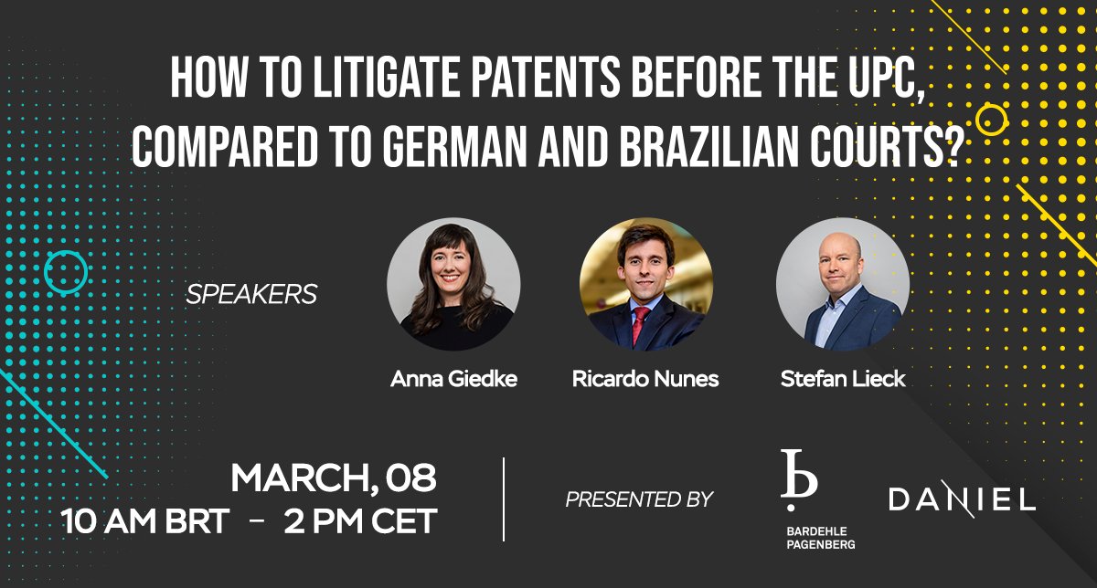 bardehleIP's tweet photo. 🌟Join our hybrid event for free: https://t.co/6pKamZshzs

This #IPevent will provide you with insights into key aspects of #PatentLitigation in three different court systems, namely the #UPC, the German, and the Brazilian court system.

#IntellectualProperty #PatentLaw https://t.co/tp7klPNsMb