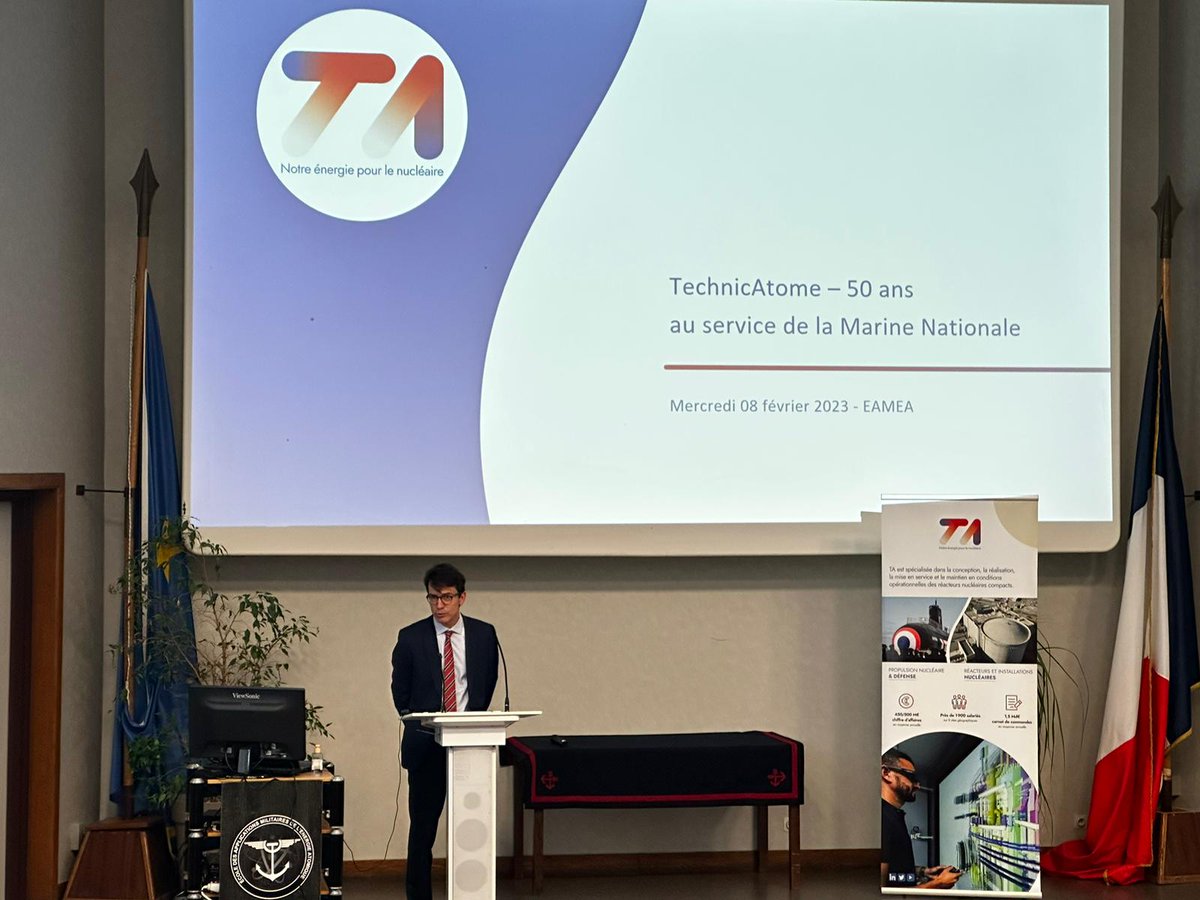 Technicatome's tweet image. [#conférence] Loïc Rocard, PDG de @TechnicAtome, a animé une conférence à l'#EAMEA, École des applications militaires de l'énergie atomique

➡️ #TA, c'est 50 ans d'histoire au service de la propulsion nucléaire pour les navires de la @MarineNationale