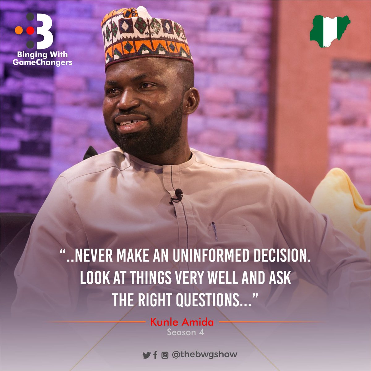 thebwgshow's tweet photo. Season 4 GameChanger, Kunle Amida talks about decision-making and a lot more. 

@sheyiban ‘s Episode 7 Season 4 chat  with @oamida is filled with lots of inspiration and the perfect way to keep you going this week 
.
#thebwgshow 
#BingingWithGameChangers 
#Knowledge https://t.co/dGSA0dyrQM