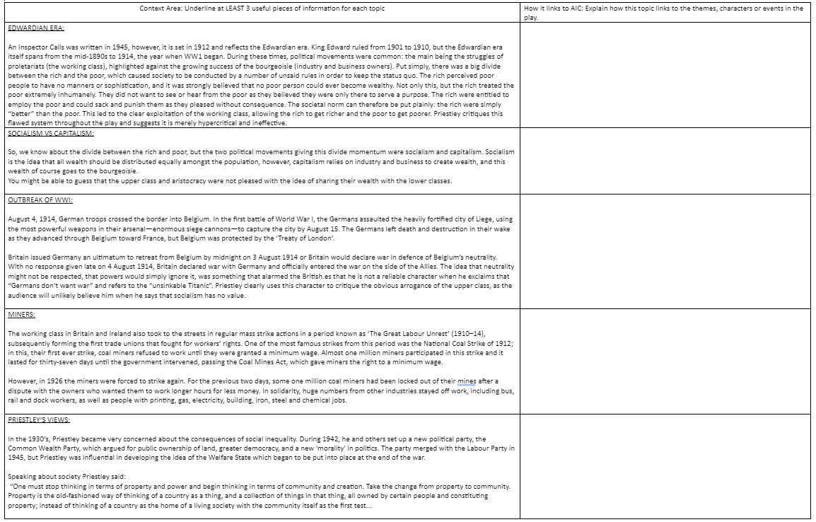 Miss_Jarvis_Eng's tweet photo. Made a lesson to revise AIC context - students will read through context reminders and make links to play - then discuss two extracts (Birling and Mrs B) to try and extend those connections. https://t.co/SNmzBzTK7f https://t.co/YE6e548vEP