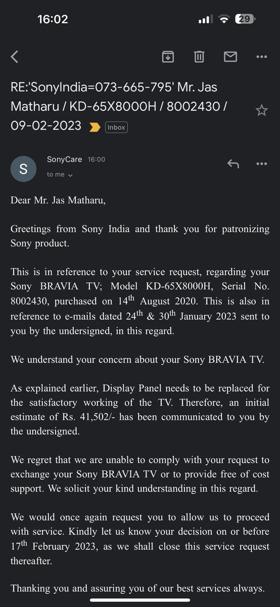jas_matharu's tweet photo. @sony_india What is the point of escalation if I’m getting the same mail again and again, same language. Not a single person from sony cared to call. Should really look at your customer service. It is very frustrating to get such replies. https://t.co/2jViO1Lk8a