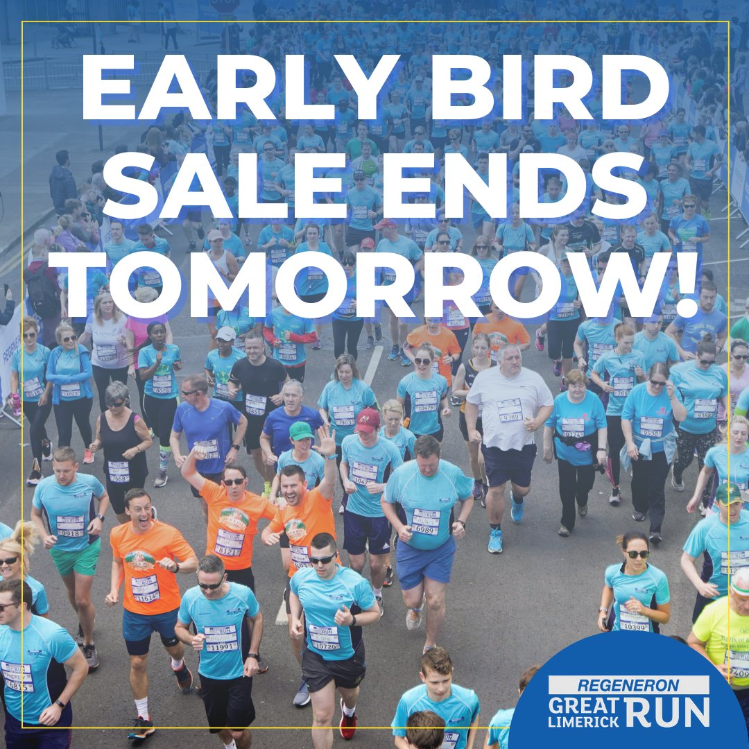 You have 1 more day to secure yourself an Early Bird entry to the Regeneron Great Limerick Run! ⏳ - - Make sure to register before Midnight tomorrow to avail of the discount! 🏃 - - Sign up: eventmaster.ie/event/pdzxhvyT…