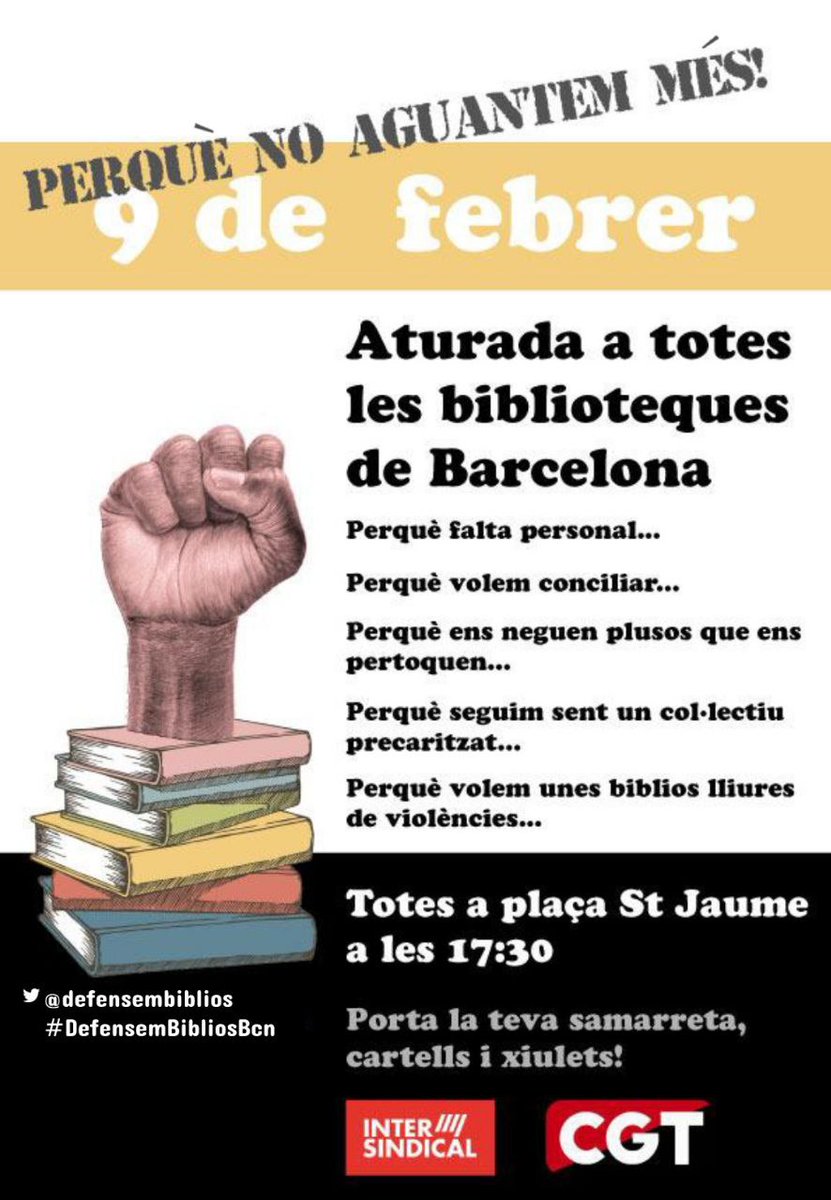 CGTCatalunya's tweet photo. Avui biblioteques públiques de Barcelona en lluita. 
Un dels serveis més ben valorats per la ciutadania però amb deficiències de personal i drets laborals.
A les 17:30 a pl St Jaume!!
#DefensemBibliosBcn https://t.co/rpJTO3urRg