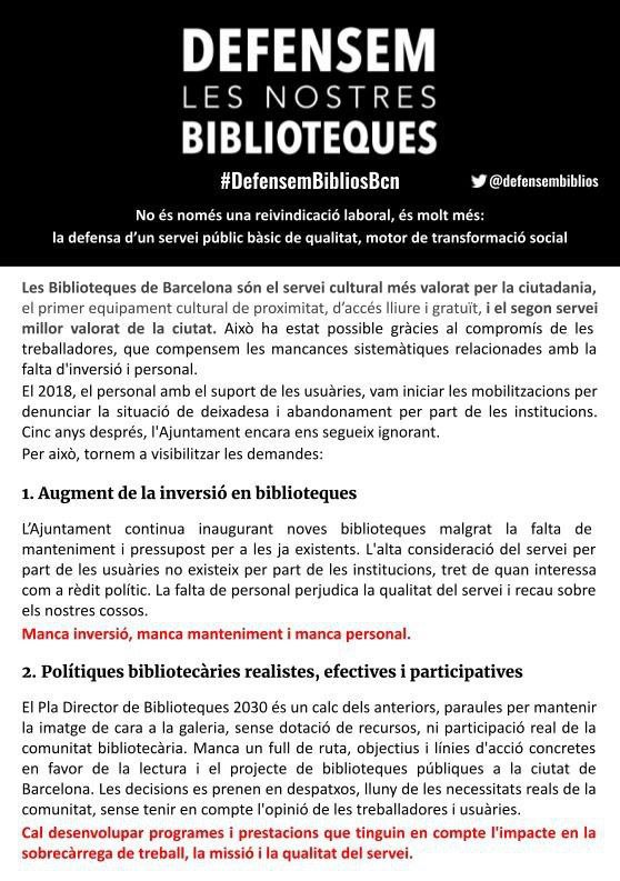 CGTCatalunya's tweet photo. Avui biblioteques públiques de Barcelona en lluita. 
Un dels serveis més ben valorats per la ciutadania però amb deficiències de personal i drets laborals.
A les 17:30 a pl St Jaume!!
#DefensemBibliosBcn https://t.co/rpJTO3urRg