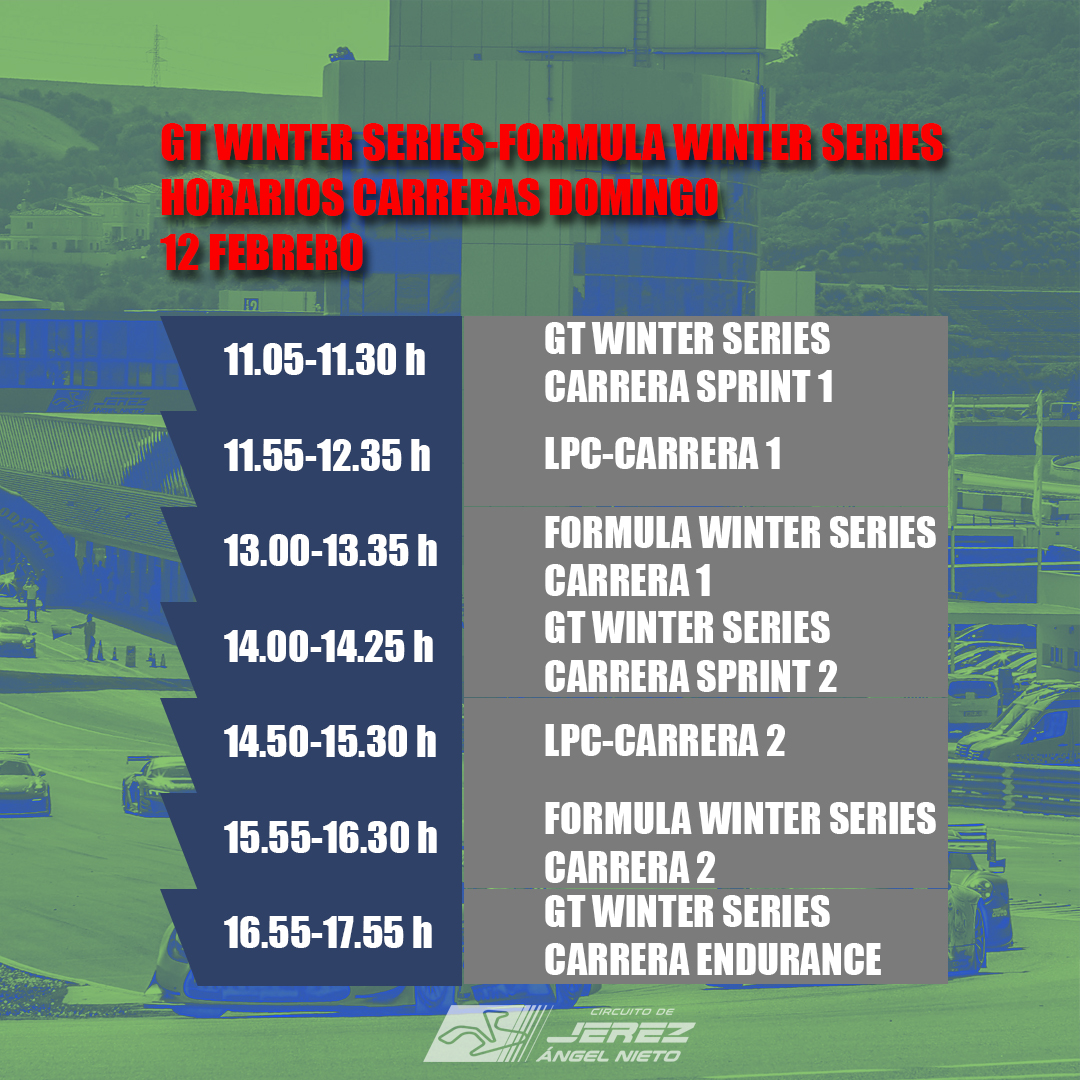 Este finde...espectáculo en el circuito con GT Winter Series- Formula Winter Series 
De jueves a sábado ➡️tandas de entrenamientos. El domingo será el día grande de este evento con 7 carreras en el programa✅Acceso público sábado y domingo ✅Entrada libre tribuna X-1.
