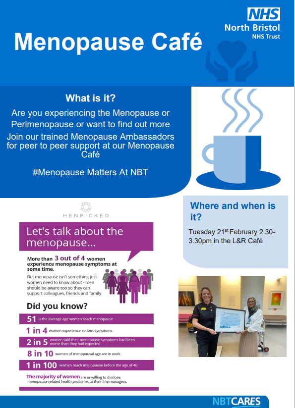 Come and join us at the Menopause café☕️
Are you experiencing the Menopause or Perimenopause or want to find out more?

TODAY 14.30-15.30 in the L&amp;R Café 
#MenopauseMattersAtNBT 
<a href="/tarailes/">Tara Iles, RN 💙</a>