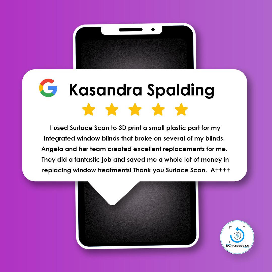 SurfaceScan's tweet image. We really appreciate every last review you our wonderful customers leave, not only do they tell us we&apos;re delivering you the best service, but they give us the opportunity to do even better, thank you for the very kind words Kasandra 😊

#3dprinting #3dscanning #weloveourcustomers