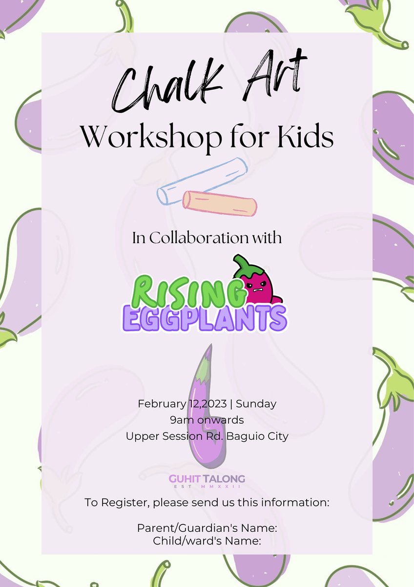 We are excited to announce this event collaboration with GUHIT TALONG! 🫡
Through our communities, we will introduce and teach art to children in Baguio City! 🫡

On Sunday, we will see our short and long eggplants as chalk art 🍆
Support <a href="/guhittalong/">Guhit Talong</a>! We rise together!