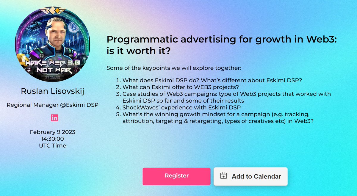 I'll be live on Twitter Spaces, from <a href="/ShockwavesIO/">ShockWaves.IO 🌊</a>,  in a few hours - 2:30 UTC Time - with <a href="/RuslanasLi/">Ruslan Lisovskij</a>  🦄, and we'll talk about programmatic #advertising in the #web3 space.

If you are building or promoting a #DeFi or #GameFi project, you should definitely attend!