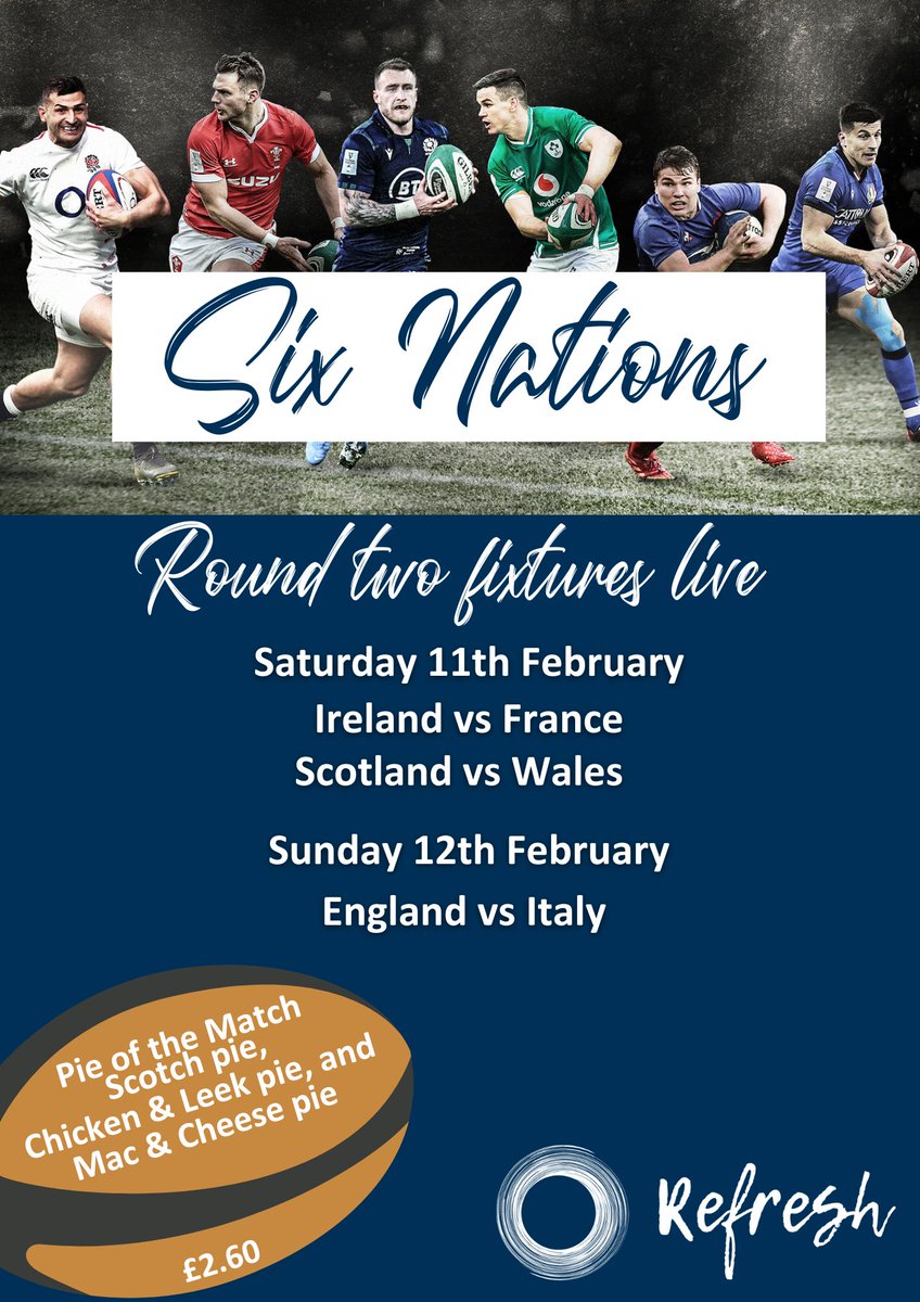 🏉Round two of the six nations starts this weekend🏉 
You don't want to miss a single minute of the action!

Watch the matches live at Refresh! 🤩🏉