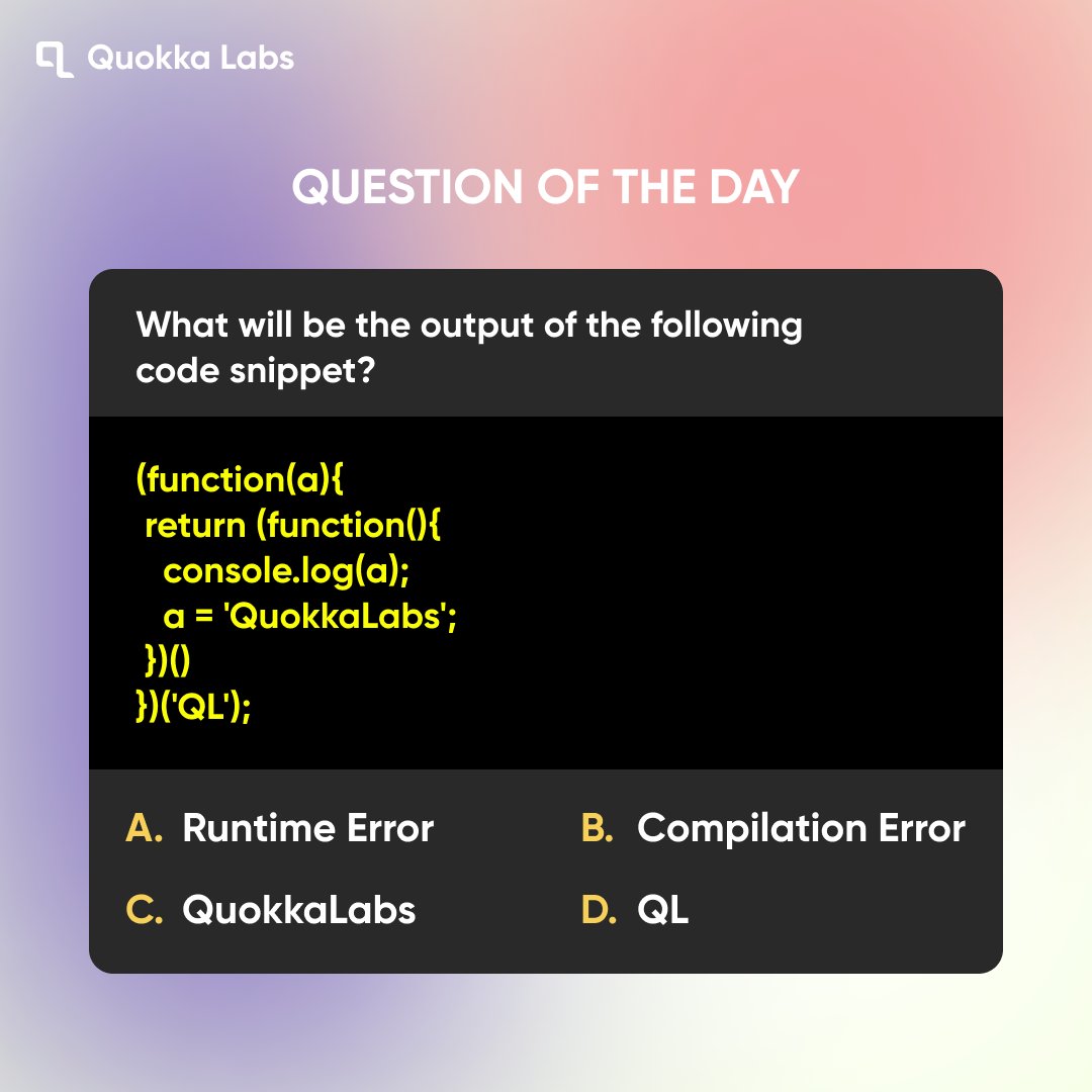 LabsQuokka's tweet image. It's code quiz time!
What will the output of the code be?
#codequiz #quiz #css #html #frontenddev #tech #programming #coding #programmer #javascript #code #coder #software #technology #webdevelopment
#softwaredeveloper #computerscience #development #codinglife #quokkalabs