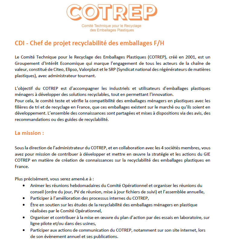 srprecyclage's tweet photo. #recrutement  le #COTREP recrute un chef de projet recyclabilité des emballages H/F diplômé(e) d’une formation sup (Bac +5) avec spécialisation en matériaux emballages et/ou en gestion des déchets. Expérience d’au moins 3 ans Poste basé à Paris 09 Postulez à contact@cotrep.org https://t.co/sv0aMCVtO5