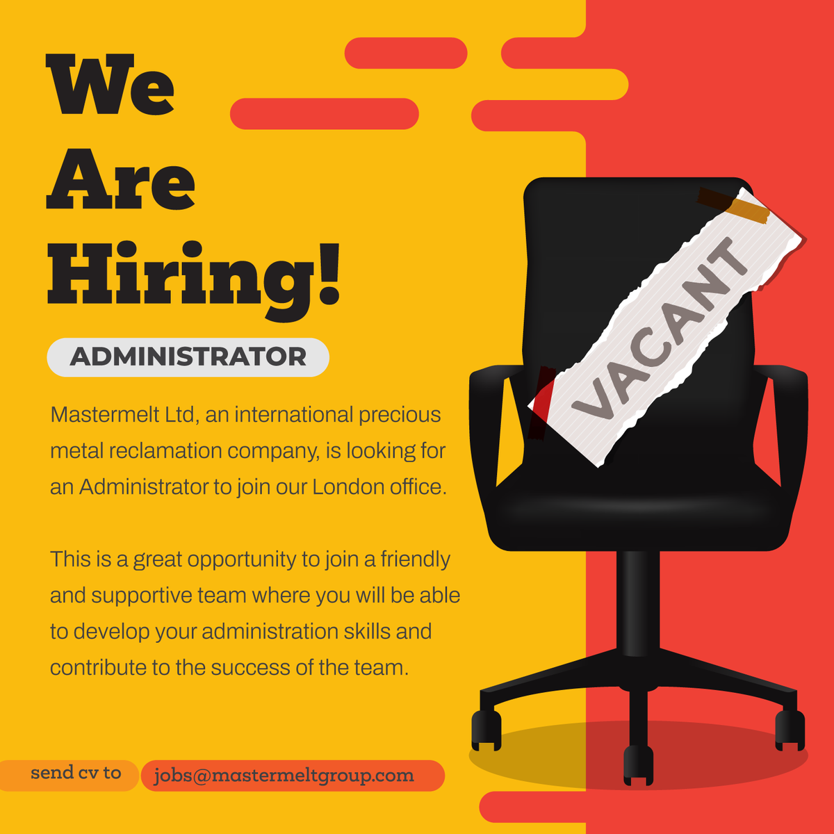 Presman Mastermelt (@mastermelt) on Twitter photo Join the Mastermelt Family 🔥
Mastermelt Ltd, an international precious metal reclamation company, is looking for an Administrator to join our London office.
EMAIL CV TO jobs@mastermeltgroup.com
DM us for more info!
#LondonJobs #LondonJobVacancy Join the Mastermelt Family 🔥
Mastermelt Ltd, an international precious metal reclamation company, is looking for an Administrator to join our London office.
EMAIL CV TO jobs@mastermeltgroup.com
DM us for more info!
#LondonJobs #LondonJobVacancy