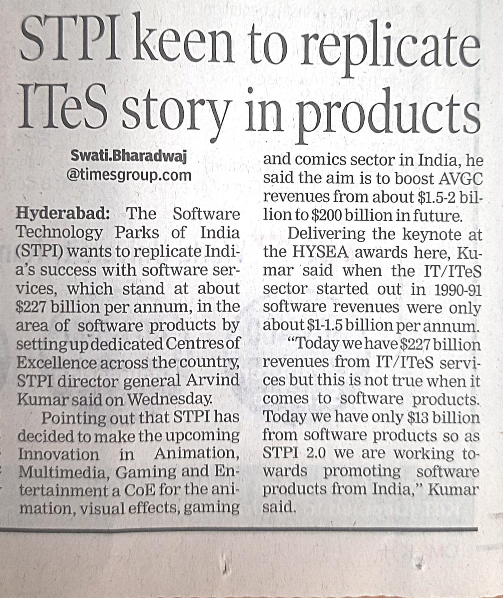 #STPINews: STPI DG Shri <a href="/arvindtw/">Arvind Kumar</a> said his aim is to boost #AVGC revenues from about USD1.5-2 billion to USD 200 billion in future. 

Read on to know more: 
timesofindia.indiatimes.com/city/hyderabad…