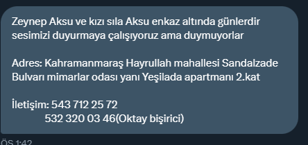 Lütfen acil yardım! 
<a href="/AFADBaskanlik/">AFAD</a>
<a href="/EmniyetGM/">Türk Polis Teşkilatı</a>
<a href="/BabalaTv/">BaBaLa TV</a>
<a href="/haluklevent/">Haluk Levent ( Ahbap Ekibi )</a>
<a href="/PincTivi/">PincTv</a> 
<a href="/ahbap/">Ahbap</a>