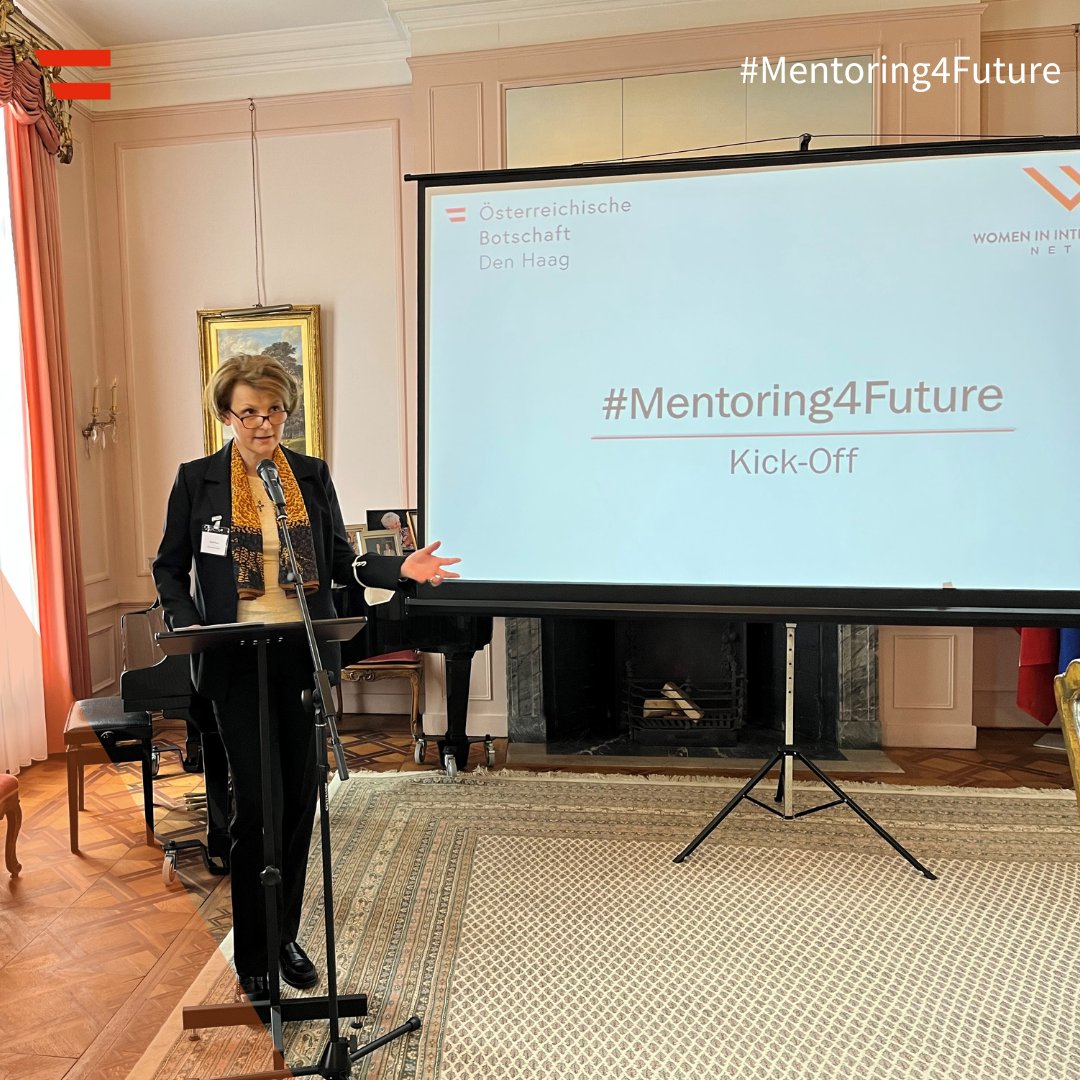 AustriainNL's tweet photo. One year ago @AstridHarz, as part of her #INTGenderChampions commitments, initiated the #Mentoring4Future program together with the #WILNetwork. Successful female leaders are supporting young female colleagues in int. law & diplomacy. https://t.co/uC5V9IikEX