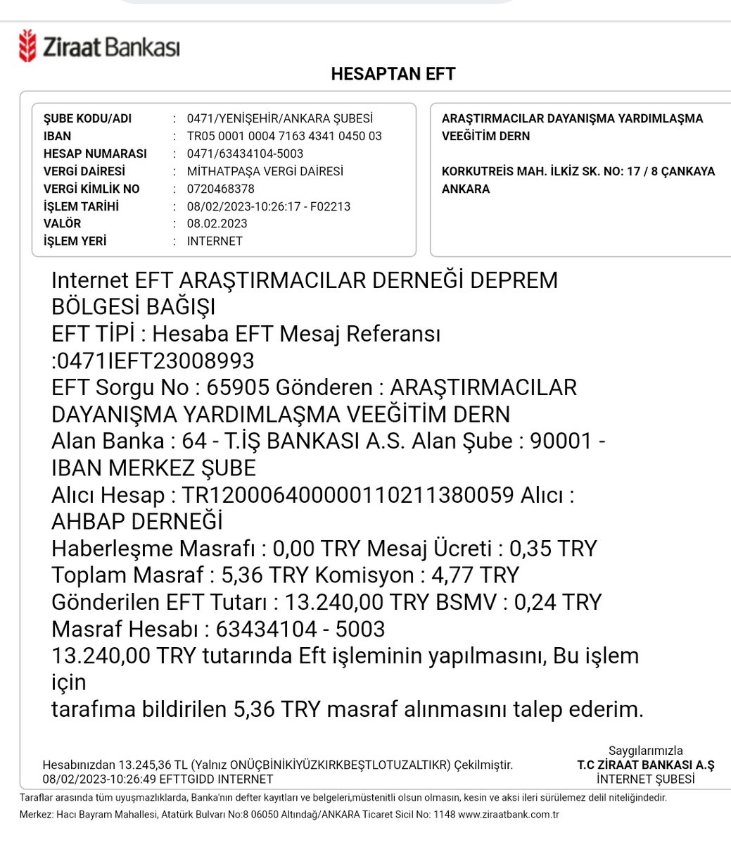 ADYED06's tweet photo. Deprem yaralarının sarılması amacıyla,karınca kararınca bizim de katkımız olsun istedik ve bölgede kullanılmak üzere  #Araştırmacı arkadaşlarımız vasıtasıyla toplanan,13.240 TL. Ahbap Derneğine havale ettik. Tüm milletimize başsağlığı diliyor,yaralılarımıza acil şifalar diliyoruz https://t.co/BnipKJmHtW