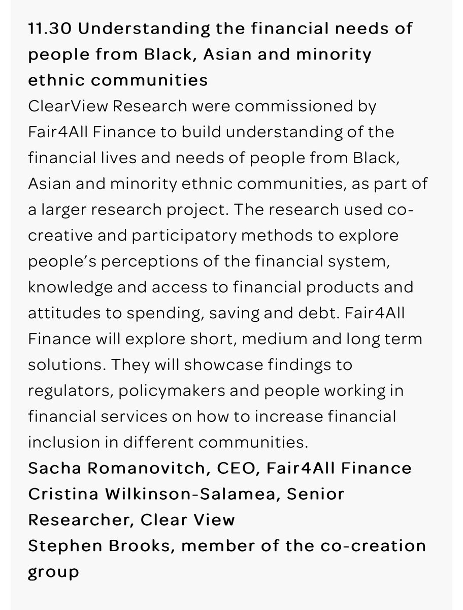 We're at @TweetMRS's annual #FinancialServicesResearch conference today!

CVR Research Manager Cris, Co-creation member Stephen & @Fair4AllFinance CEO Sasha will be on the Understanding the financial needs of people from Black, Asian & minority ethnic communities panel.
 #MRSLive