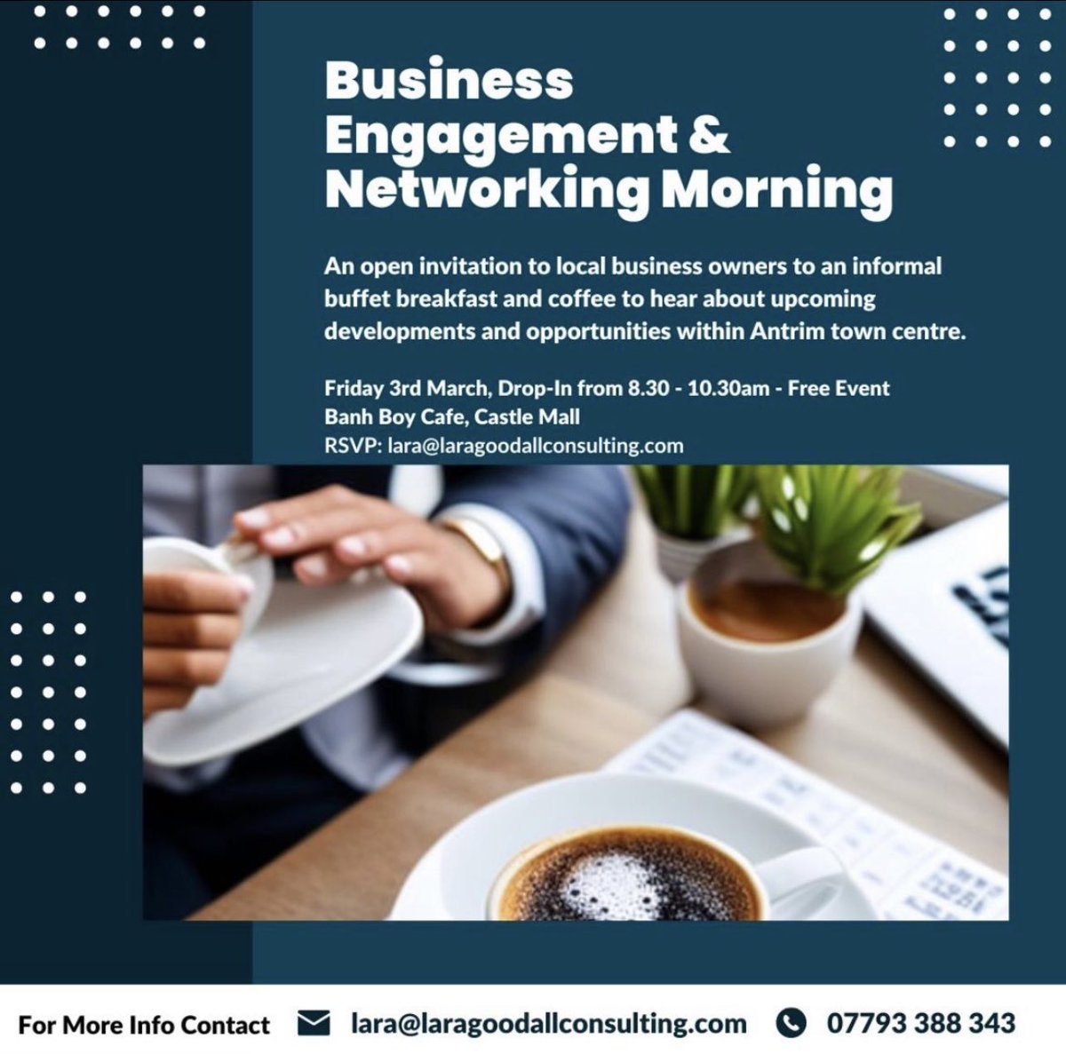 Are you a business in Antrim Town Centre? Then I have a date for your diary and the offer of a free breakfast. 

Pop along, have a chat, hear about the developments and opportunities within Antrim. Lets start working together to shape Antrim.