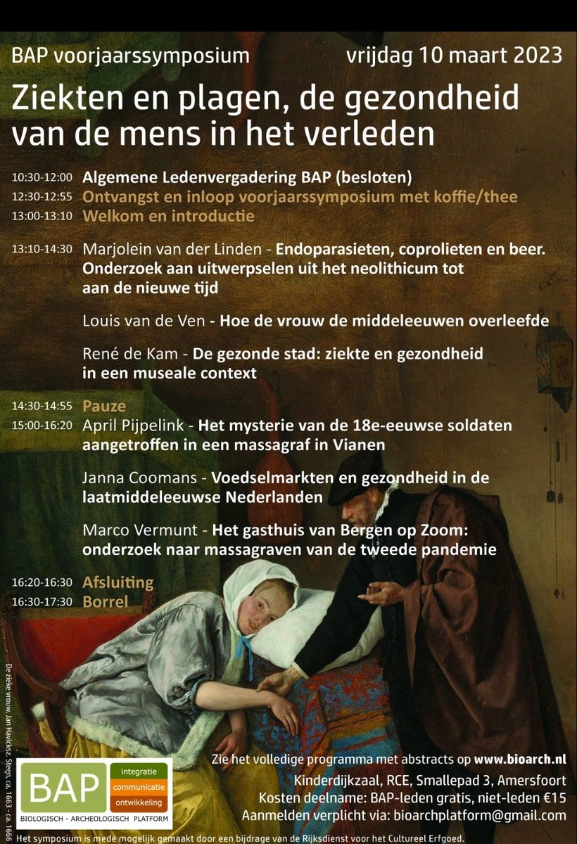 10 maart wordt het BAP-symposium georganiseerd met als thema: "ziekten en plagen, de gezondheid van de mens in het verleden".
Meld je aan en neem deel! 
Kijk ook op de website voor meer informatie: bioarch.nl 

#archeobotanie #archeozoölogie #gezondheid #archeologie