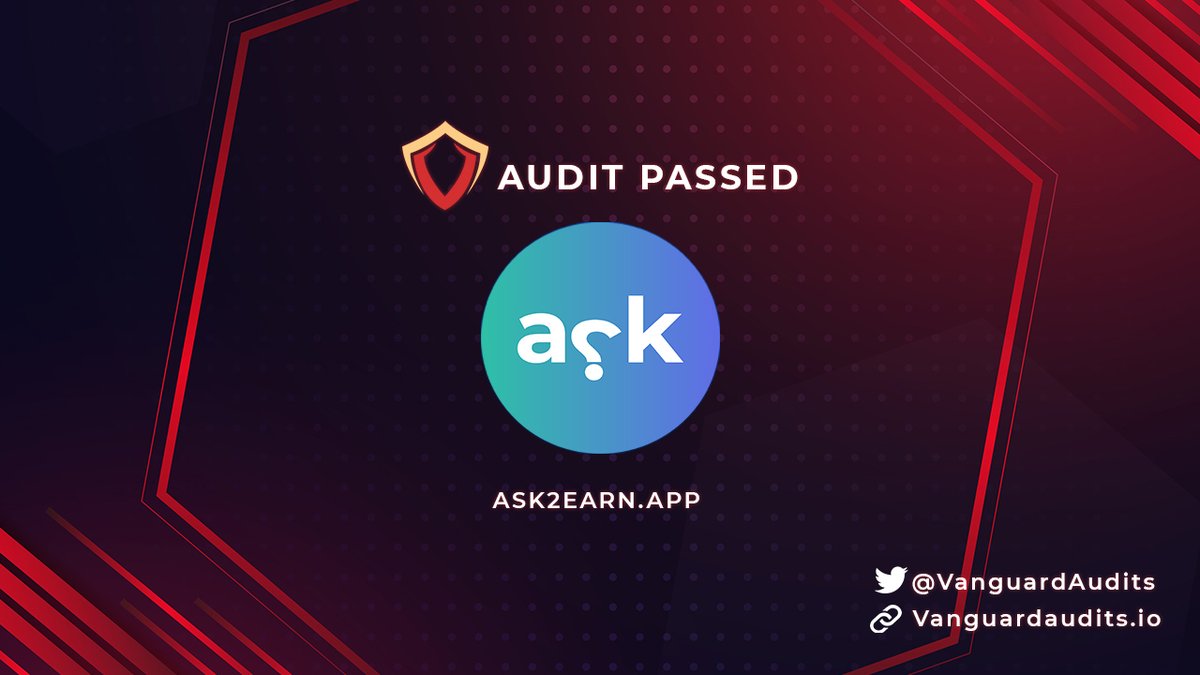 VanguardAudits's tweet photo. Vanguard has completed the full audit for @AsktoEarn 

Request an audit here
https://t.co/f177DNBFA5

You can read our full report here 
https://t.co/qMgKFedwiP

#VanguardAudits #BSC https://t.co/cWbjRfeqfp