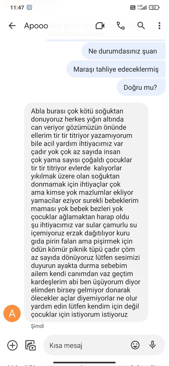 TheDsirT1's tweet photo. @haluklevent @ahbapsu Marastan çadır ve yakacak tüp yardım çığlıkları lütfen yardım edin https://t.co/VsWMPuz7g8