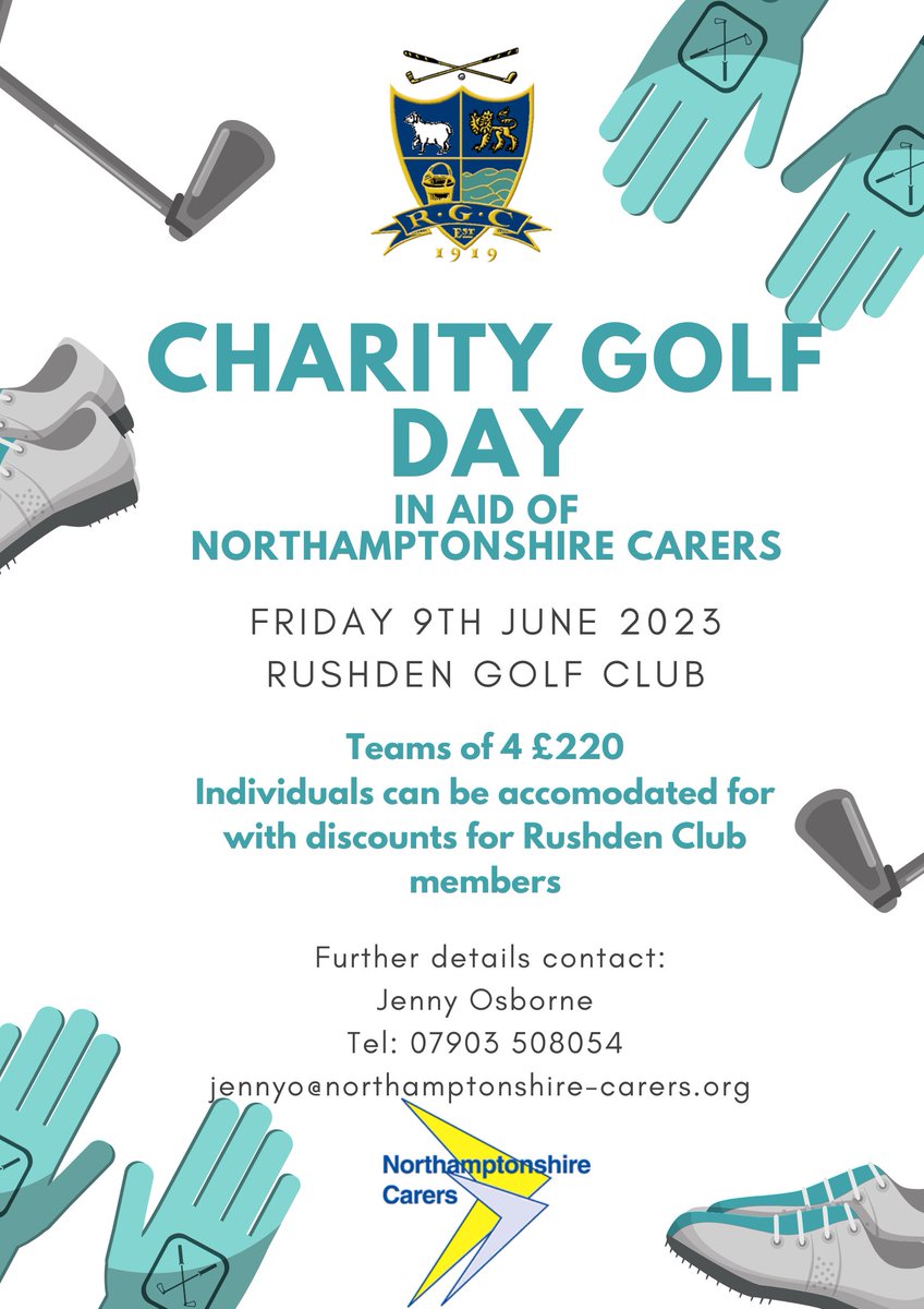 Charity Golf Day Friday 9th June 2023 at Rushden Golf Course, we are looking for Teams to enter, Raffle Prizes and 'Hole' sponsors from small or larger businesses. Details on 01933 677907, option 1 or email jennyo@northamptonshire-carers.org #charitygolfday #carersupport #golf