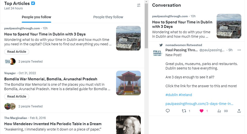 ExplorebyRoad's tweet image. Would you like to see your favorite / friends #Blogposts under #TopArticles and then interact with that conversation / post?

then #TwitterBlue seems a beautiful option... 

Definitely seems less #Ads for now... been using since morning!