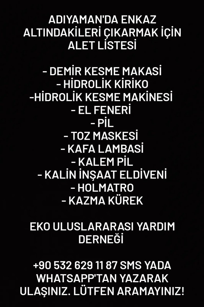 Adıyaman acil ihtiyaçlar listesi!
Lütfen RT ederek paylaşın bizimle iletişime geçin. Ulaştırabilecek herkes yazsın.

#adiyamandeprem #adiyaman #deprem #depremden #acildeprem #TurkeyEarthquake #AdiyamanYardimBekliyor #adiyamanmerkez <a href="/BabalaTv/">BaBaLa TV</a>