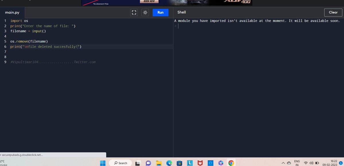 Vipultiwari04's tweet photo. Python Program to Delete a File from Current Directory
step-1 import os
step-2 input filename
step-3 os.remove filename
#Python
#ProjectAlphaTHEP7
#microsoft
#ElonMuskTwitter
#100DaysofCodeLW3
#100daysofcodingchallenge https://t.co/KcHraIiu3c