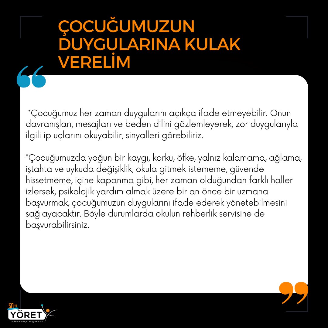 Çocuğumuzun duygularına kulak vererek, afet döneminin psikolojik sağlamlığına katkı verebiliriz.👇🏾

Bilgi Notlarımızı paylaşmaya devam ediyoruz.