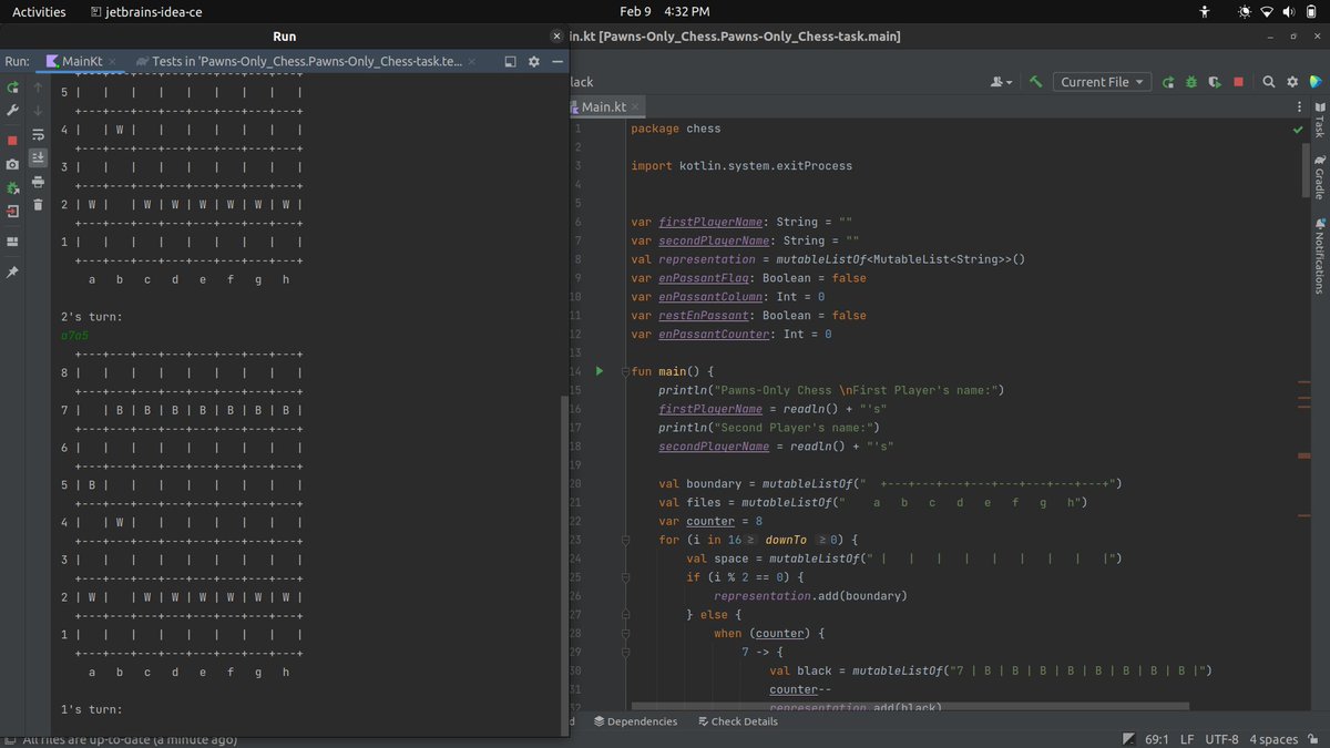 shubham_161's tweet photo. In Kotlin, I made a fantastic Pawns-Only chess game. The most challenging element was incorporating the en-passant feature into the game 🙂
Hyperskill #kotlin #development https://t.co/VizlF5EieR