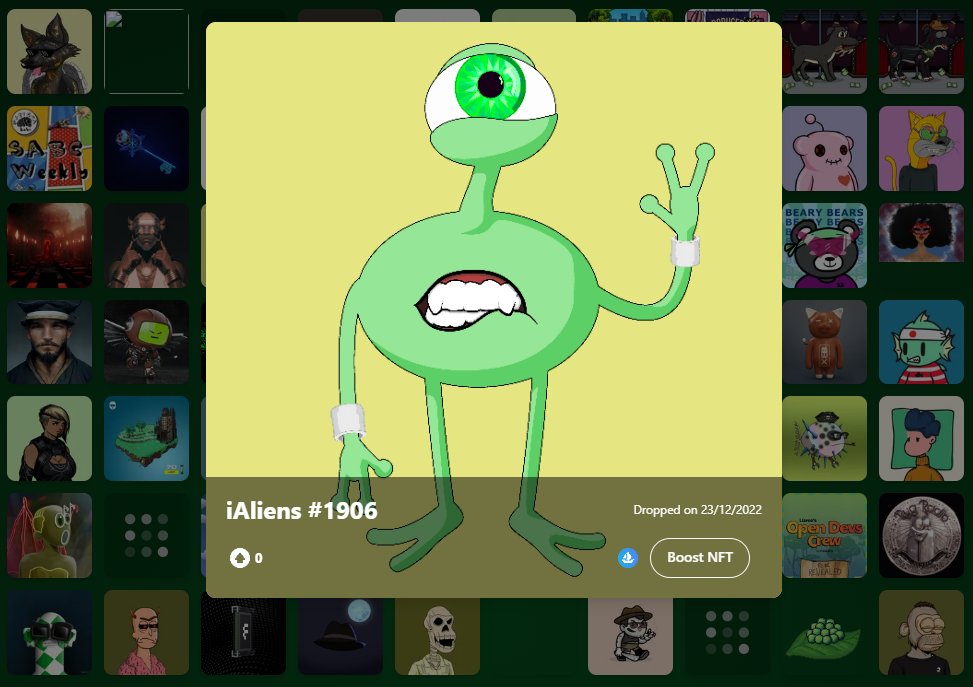 SpunkyAIOW's tweet photo. The 374th #NFT on the Wallet of Fame is an #iAlien by @iAliensNFT. 3,333 iAliens have crash landed onto earth! We reside on the Ethereum blockchain & our mission is to unite the NFT universe, while providing our community with amazing utilities. https://t.co/EvDmZd0sLy