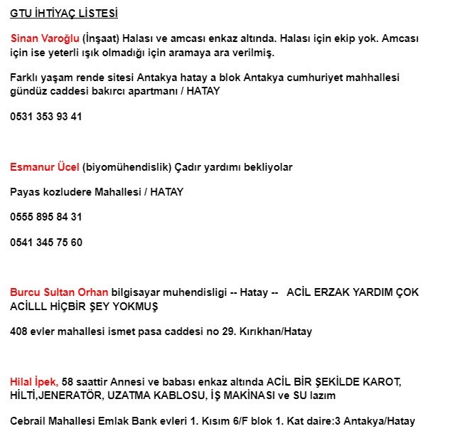 gtu_yardim's tweet photo. GTU deprem bölgelerinde olan öğrencilerin bilgileri (14:10 güncel). 
@GtuEduTr

Acil yardım bekliyoruz. 
@ahbap

Biz şuanlık bu kadar kişiye ulaşabildik. Listede olmayan tanıdıklarınızı ekleyebilirsiniz. https://t.co/JI4GkyEC6G
