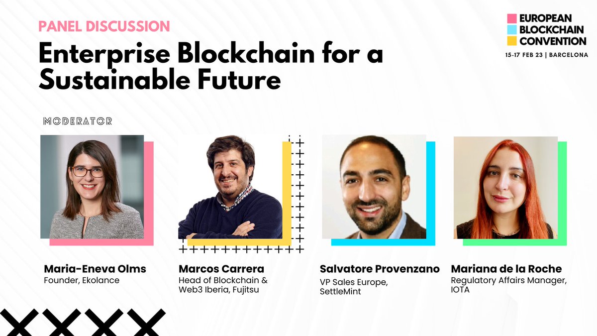 Please welcome our speakers for the panel discussion “#Web3 &amp; #Crypto: Building Trust in Digital Finance” at #EBC23!

📅 Feb 17, 15:20 PM

🎙️Speakers
• <a href="/enevamaria/">Maria Eneva-Olms</a>, <a href="/ekolance/">EKOLANCE</a> 
• Marcos Carrera, <a href="/Fujitsu_Global/">Fujitsu Global</a> 
• Salvatore Provenzano, <a href="/SettleMintCom/">SettleMint | Blockchain Transformation</a> 
• @Marianadlrw, <a href="/iota/">IOTA</a>