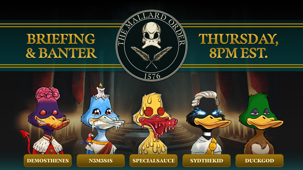 Greetings #CNFTCommunity!

Join The Mallard Order in Briefing &amp; Banter - our Twitter space today at 8PM EST.

Listeners will be entered into a #Giveaway to win a Mallard Order #NFT. Let's chat all things Mallard &amp; #Cardano.

RSVP now: x.com/i/spaces/1ypKd… 
#MallardUP #TMO