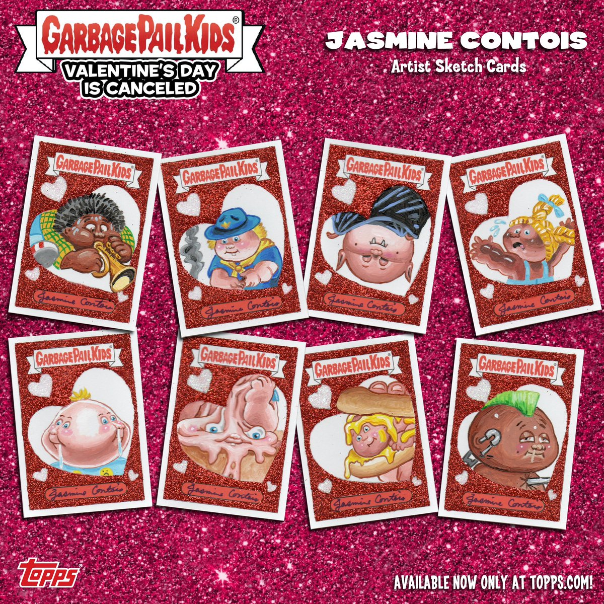 JasmineVMC's tweet photo. Today is the day to get your Garbage Pail Kids, Valentineโs Day is Canceled set! Only available at https://t.co/Ruj153dV4l. Here are some of the 70 sketch cards I did for the set. #topps #fanactics #gpk #garbagepailskids #sketchcards #freelance #nonsports #tradingcards https://t.co/gpUU2EyMjP
